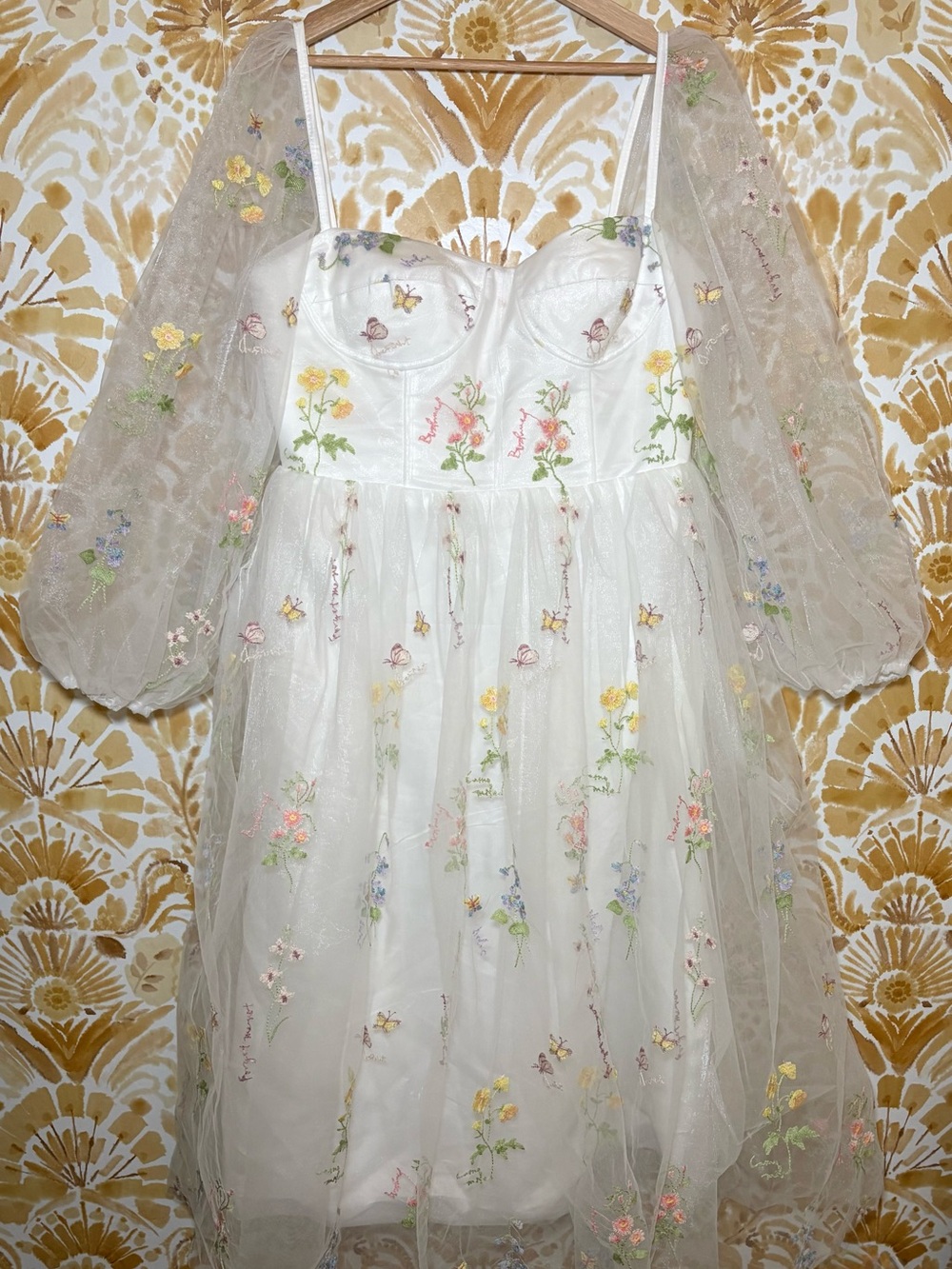 Floral Embroidered Tulle Midi Dress Romantic Cottagecore Wedding Guest Fairycore - Picture 2 of 8